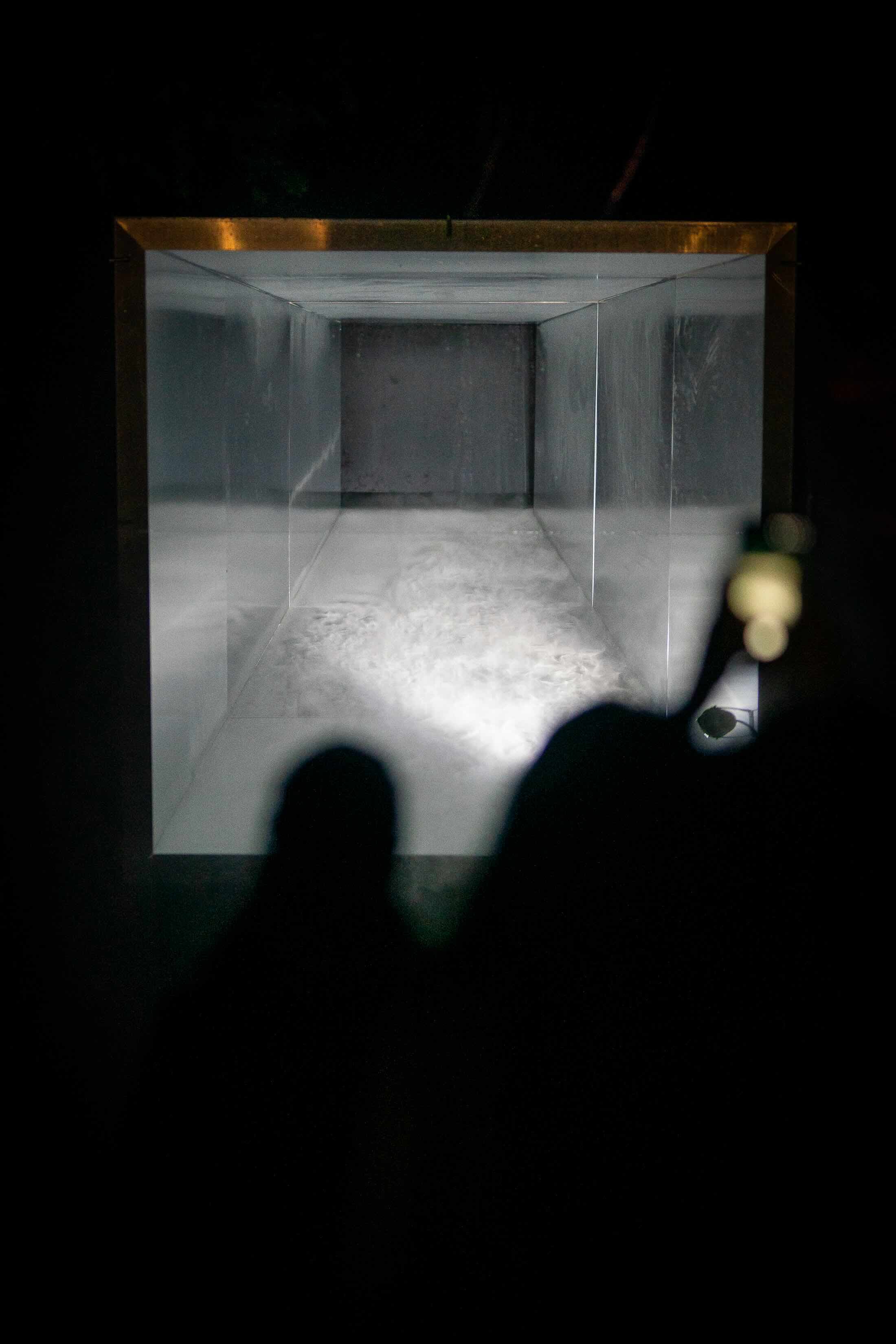 Silhouetten van bezoekers die in een gespiegelde stalen tunnel kijken, één van hen houdt een telefoonlampje omhoog