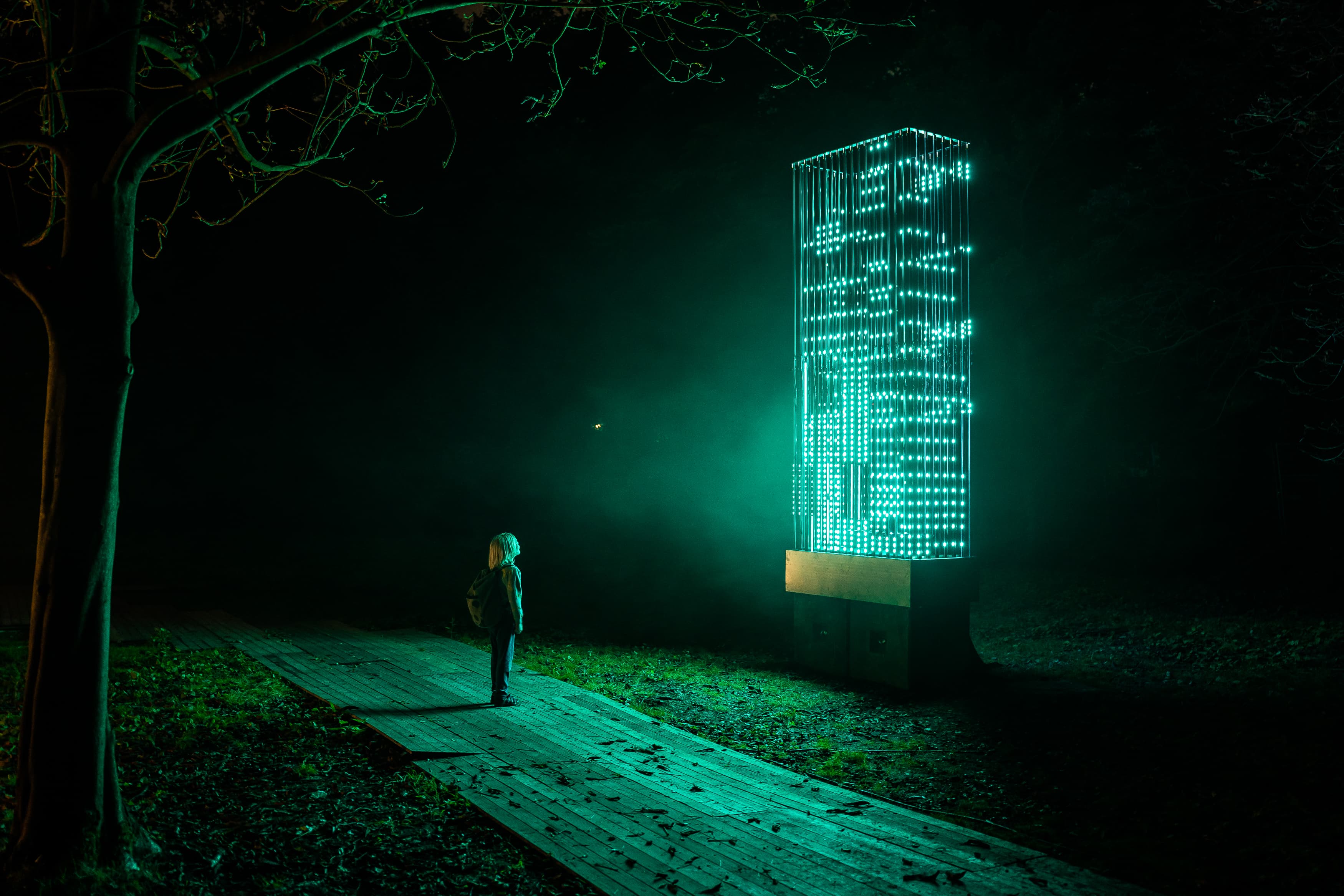 Visitor on a wooden forest walkway looking up at a tall pillar of cyan light in the dark